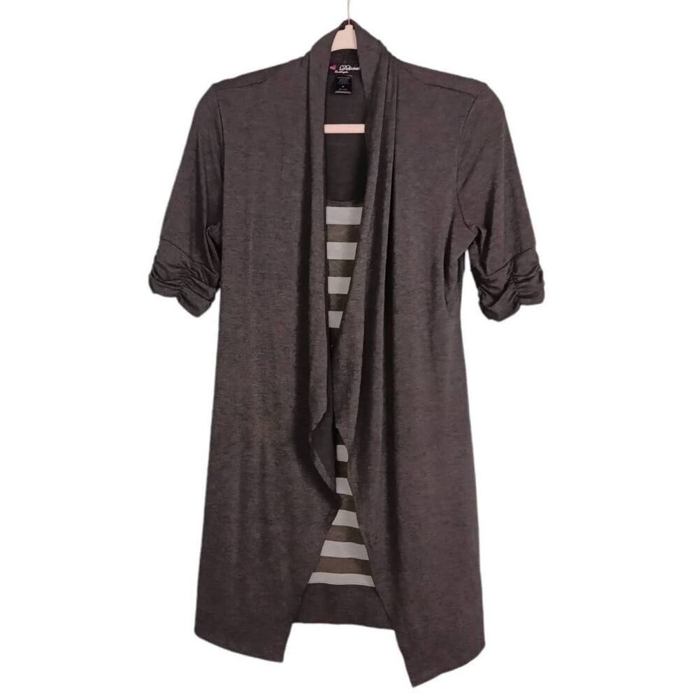 DELIRIOUS Womens Gray Open Cardigan Striped Top Short Sleeve Rouching‎ Sz M